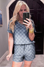 Gray Checkered V Neck Tee Drawstring Shorts Lounge Set