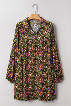 Green Floral Print Split Neck Bubble Sleeve Shift Mini Dress