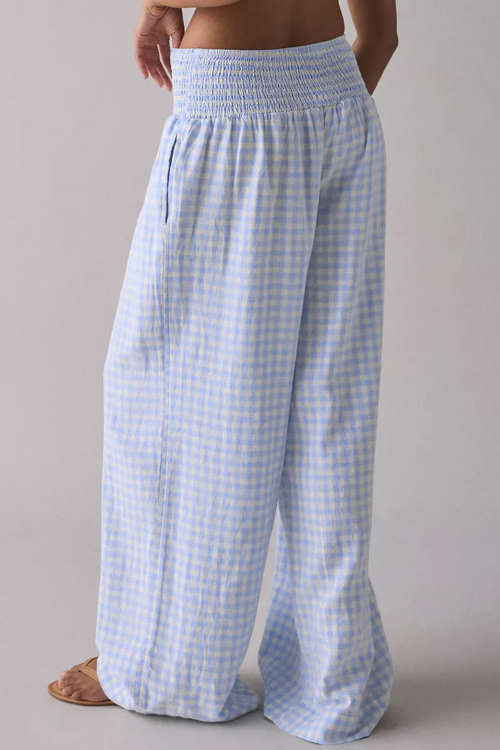 Myosotis Plaid Print Smocked High Waist Womens Loose Pants