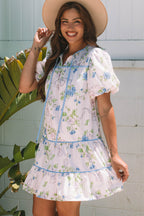 Pink Floral Striped Print Contrast Trim Tie Split Neck Mini Dress