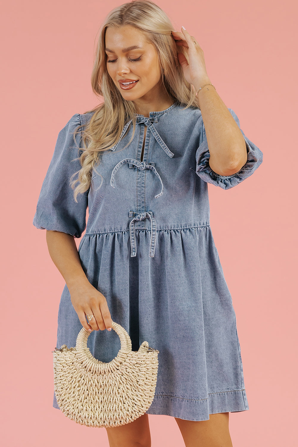 Dusk Blue Bowknot Bubble Sleeve Short Denim Dress