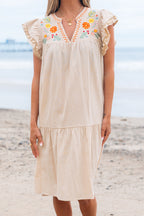 Jet Stream Linen Embroidery Split Neck Pom Pom Ruffle Sleeves Flowy Short Dress