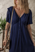 Navy Blue V Neck Buttoned Front Shirred Back Short Sleeve Midi Dress