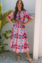 Rose Floral Tied Front High Waist Short Sleeve Loose Long Dress