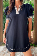 Black Leopard Trim Notched Neck Short Puff Sleeve Shift Mini Dress