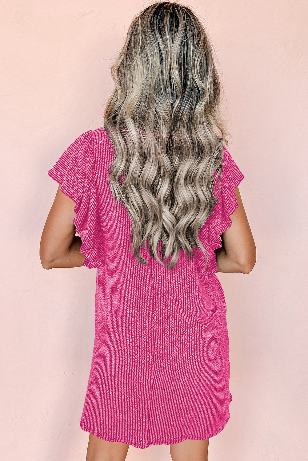 Black Textured Ruffled Flutter Sleeve Mini Dress