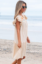 Jet Stream Linen Embroidery Split Neck Pom Pom Ruffle Sleeves Flowy Short Dress