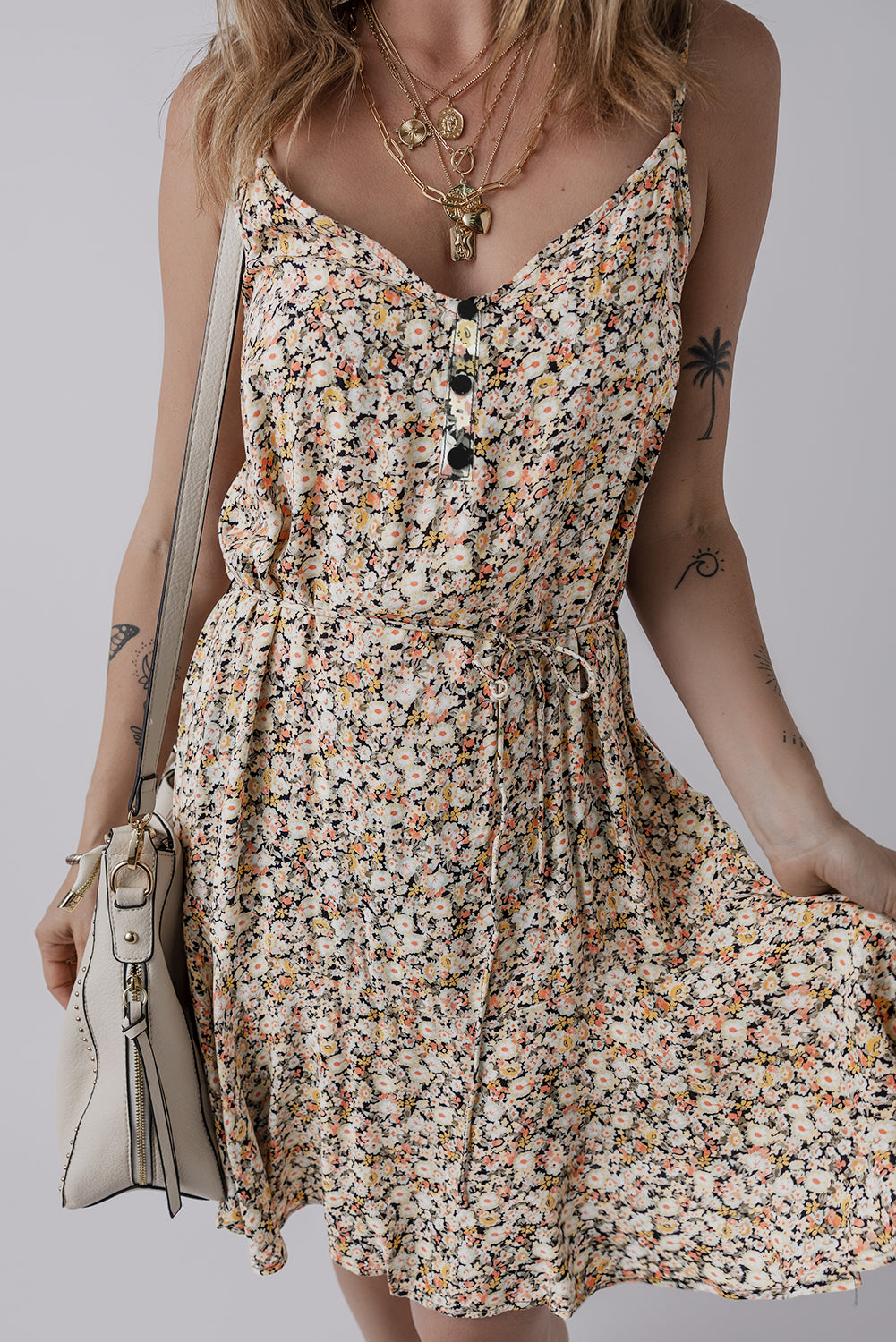 Khaki Boho Floral Printed Tie Waist Flared Sundress