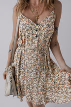 Khaki Boho Floral Printed Tie Waist Flared Sundress