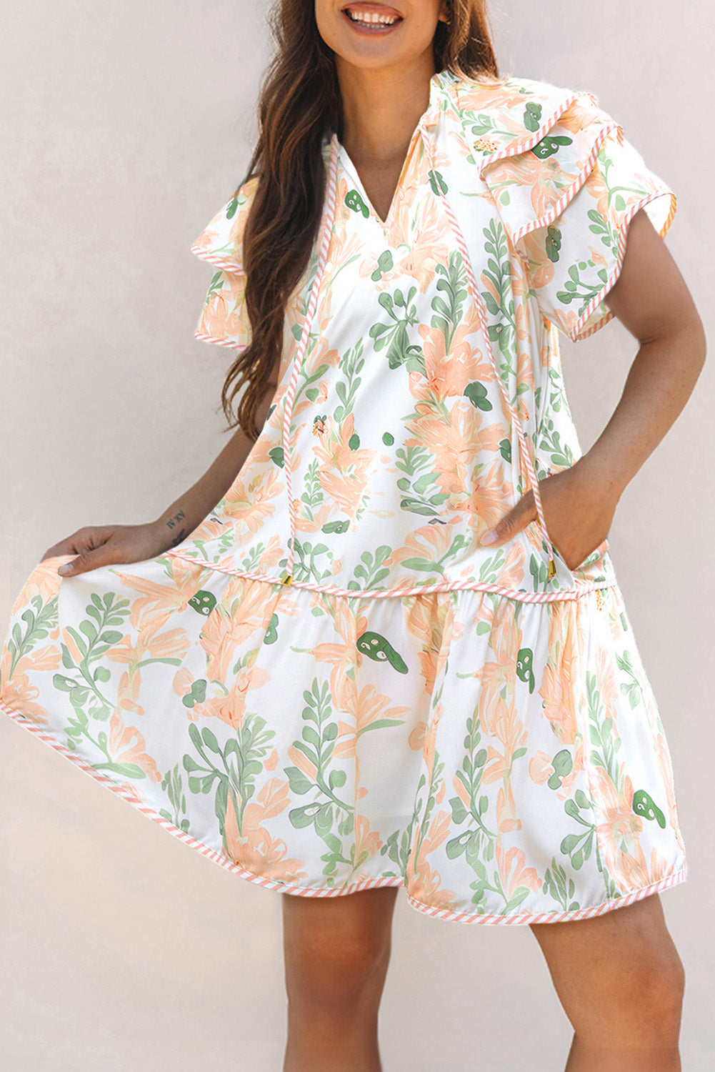 Pink Floral Contrast Edge Layered Short Sleeve Mini Dress