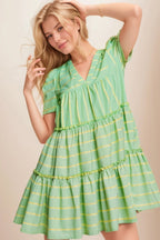 Green Stripe V Neck Short Sleeve Frilled Detail A-line Dress