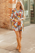 Orange Floral Print Striped Lace V Neck Long Sleeve Mini Dress