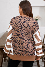 Khaki Leopard Striped Patchwork Plus Size Loose Sweatshirt