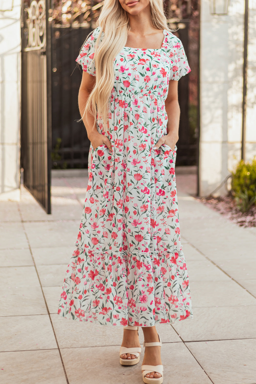 Pink Floral Puff Sleeve Square Neck Empire Waist Tiered Maxi Dress