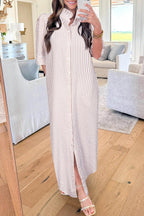 Khaki Stripe Frilled Collar Half Sleeve Shirt Maxi Dress