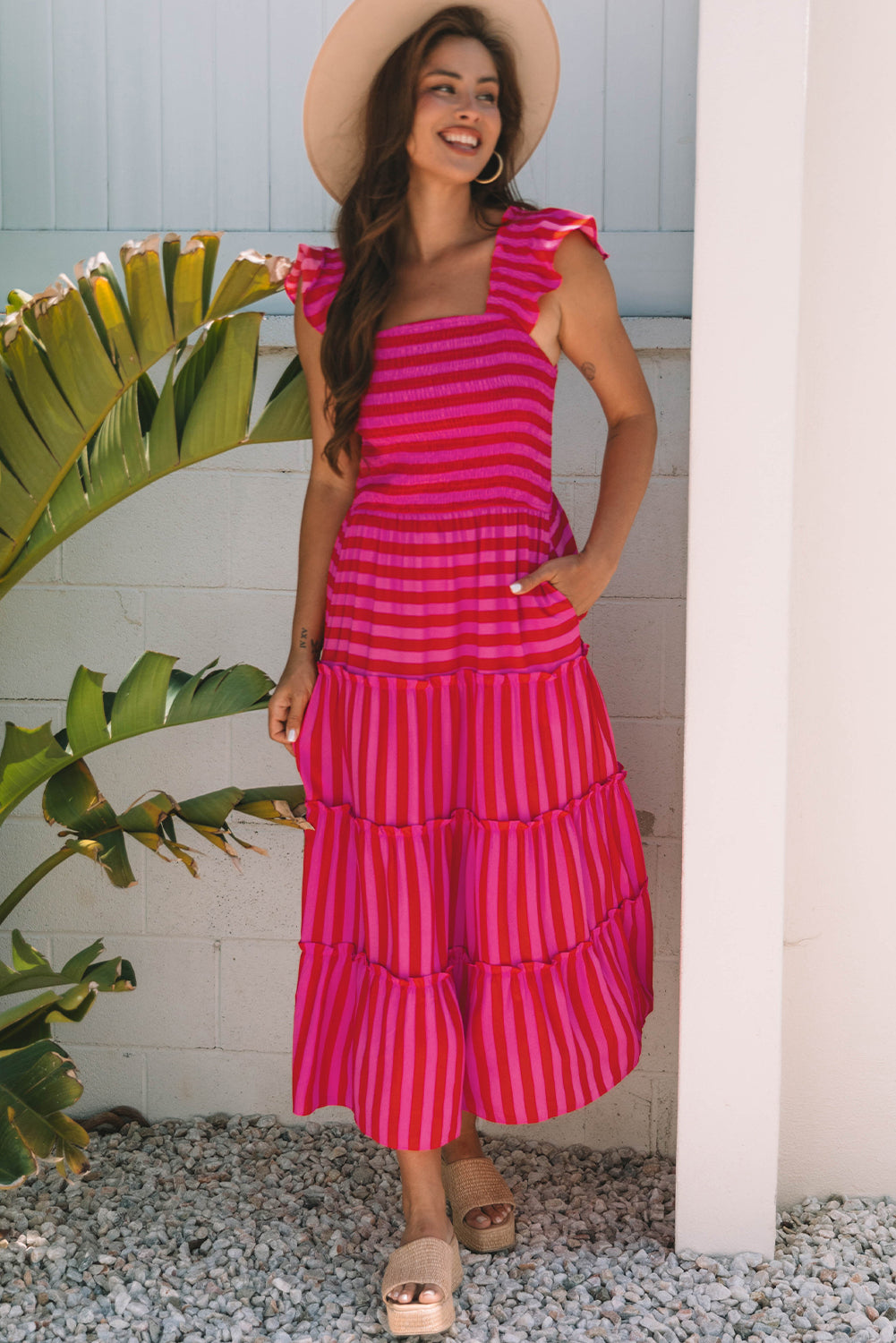 Rose Stripe Flutter Sleeve Smocked Bodice Tiered Maxi Dress