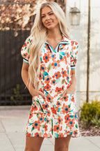 Orange Contrast Trim Floral Split Neck Puff Short Sleeve Tiered Mini Dress