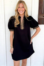 Black Leopard Patchwork Zip Collared Short Puff Sleeve Shift Mini Dress