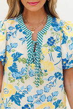 Blue Floral Striped Trim Puff Short Sleeve Dress