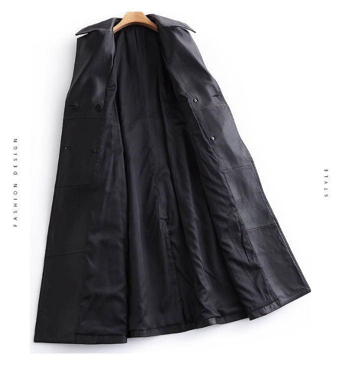 Black Long Tie Double Breasted Leather Wind Coat