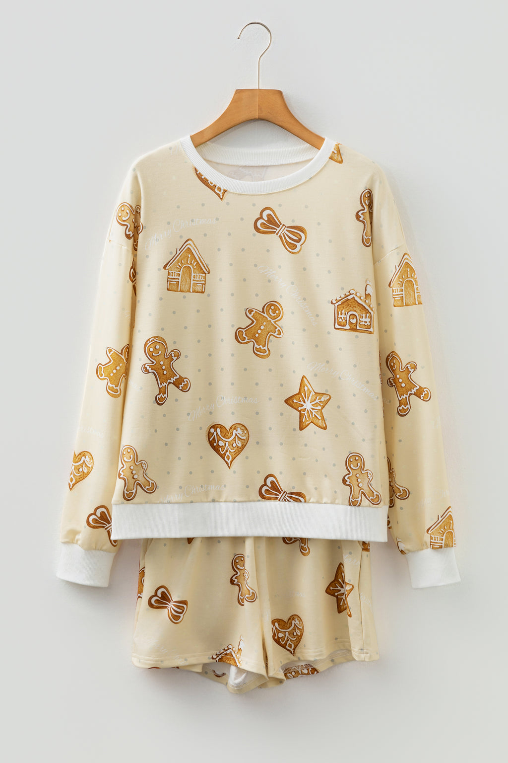 Beige Gingerbread Man Christmas Print Long Sleeve Pullover Lounge Short Set