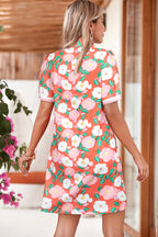 Fresh Salmon Floral Print Contrast Striped Trim Polo Collar T Shirt Dress