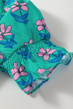 Green Floral Print Frilly Smocked Detail High Waist Mini Dress