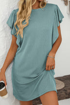 Canton Corded Ruffle Sleeve Crew Neck Shift Dress