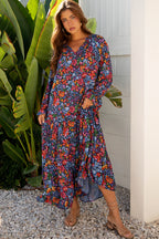 Blue Floral Print Tassel Tie V Neck Long Sleeve Flowy Long Dress