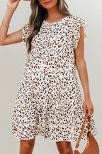 Khaki Leopard Ruffled Flutter Sleeve Keyhole Back Mini Dress