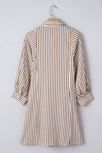 Brown Stripe Knot Waist Puff Sleeve Button Down Mini Shirt Dress