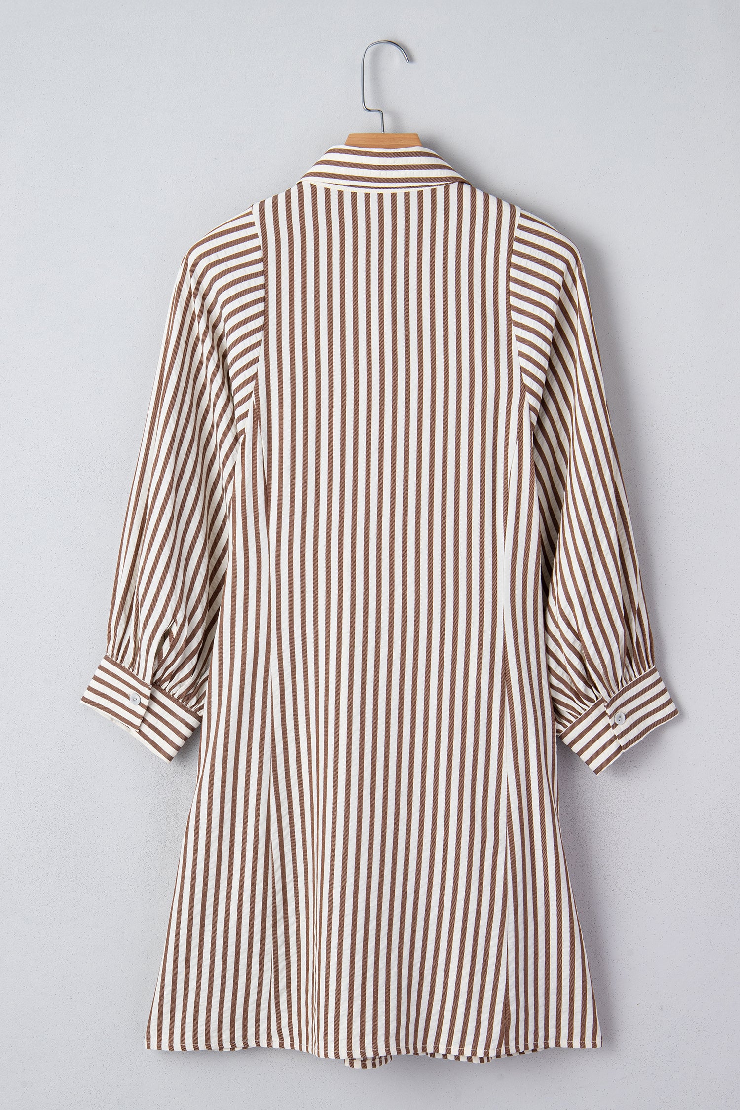 Brown Stripe Knot Waist Puff Sleeve Button Down Mini Shirt Dress