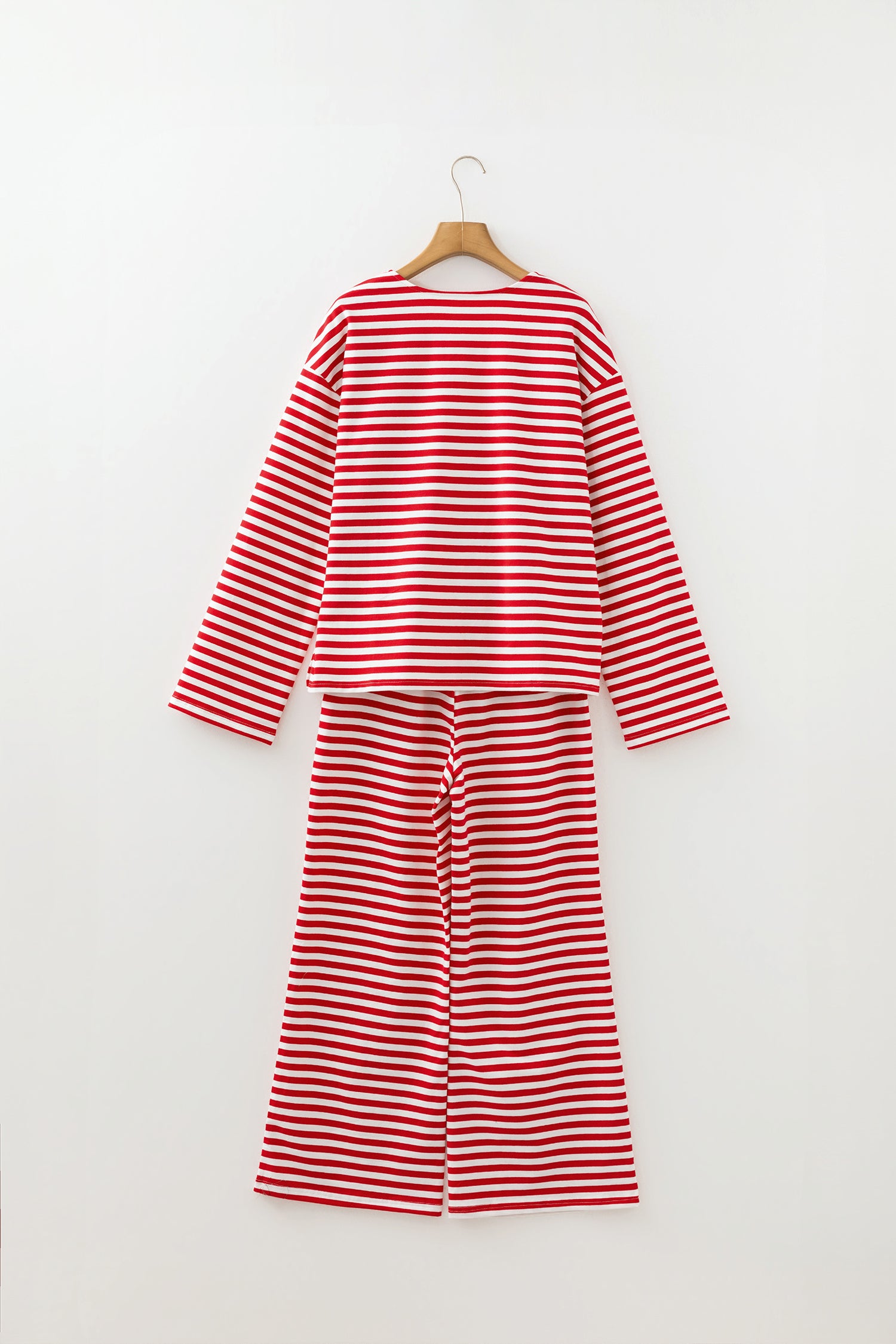 Red Stripe Drop Shoulder Long Sleeve Top Lounge Pants 2pcs Set