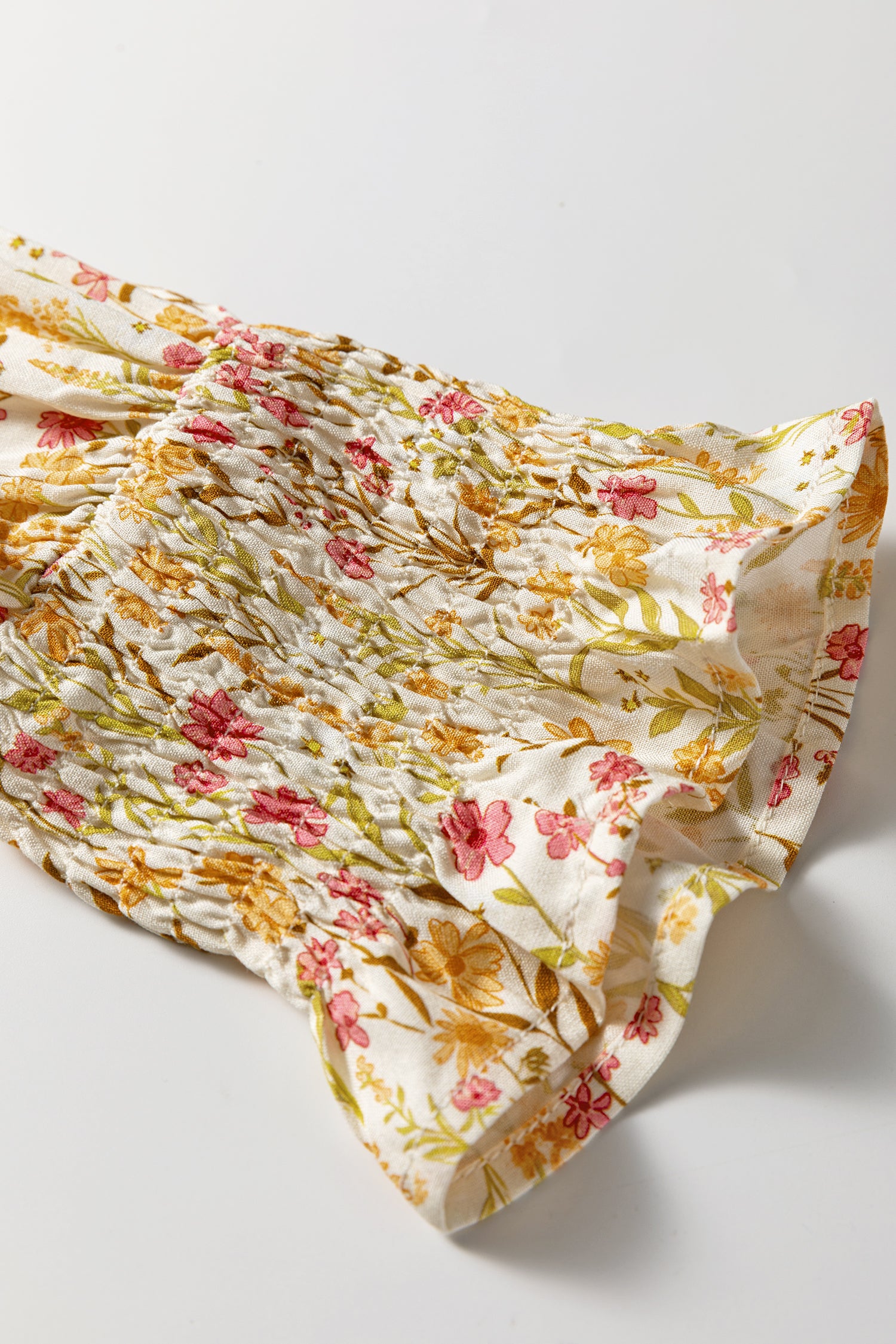 Yellow Floral Print Frilly Trim Smocked Cuff Long Sleeve Loose Shirt Dress