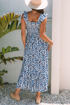 Sky Blue Boho Print Smocked High Waist Maxi Dress