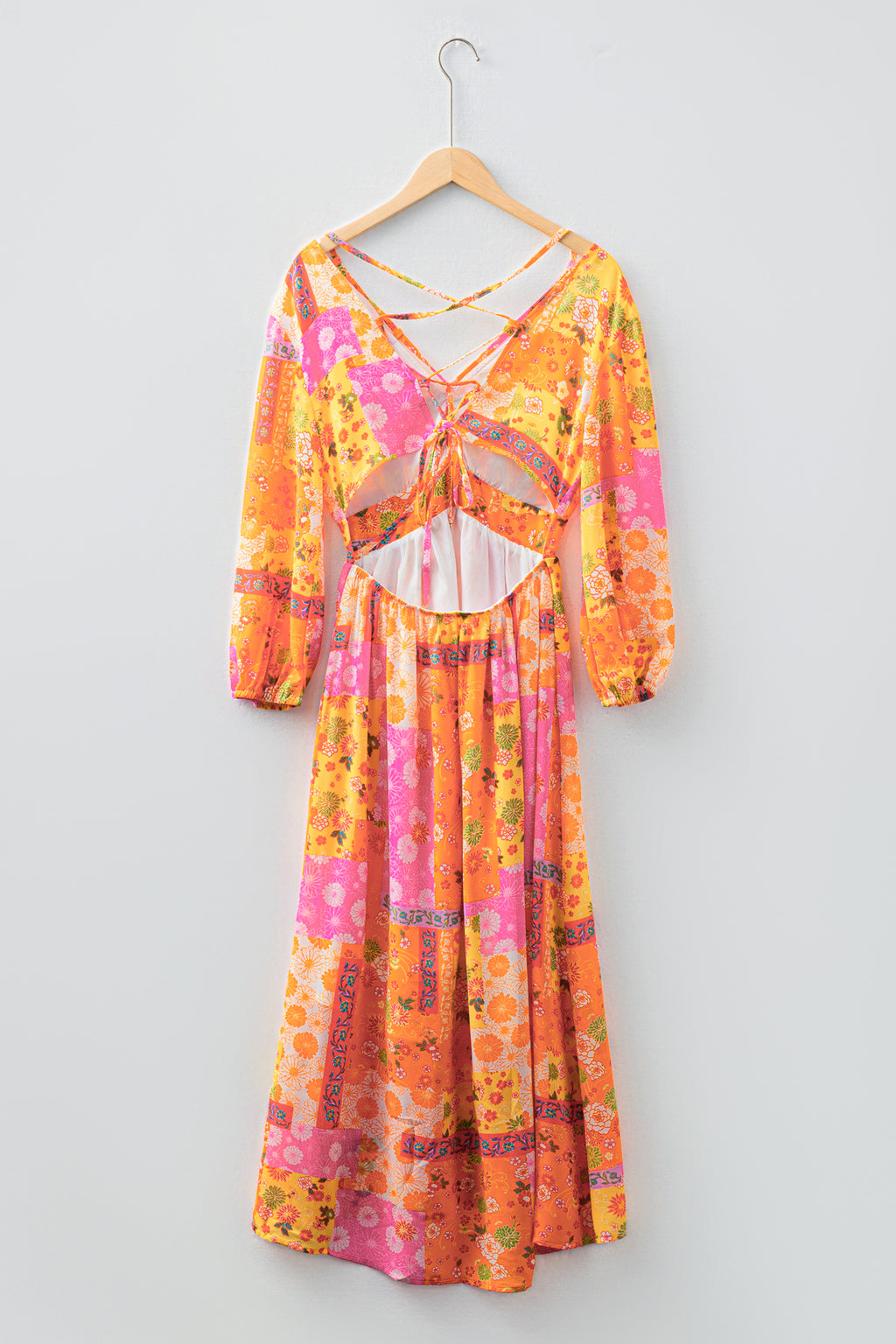 Orange Floral Patchwork Print Cut out Tied Back Bracelet Sleeve Maxi Dress