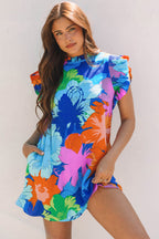 Blue Bold Floral Flutter Sleeve Shift Mini Dress with Pockets