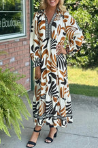 Brown Tropical Printed Contrast Trim Neck Long Sleeve Ruffle Hem Dress