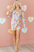 Pink Valentines Candy Heart V Neck Collared Tunic Shirt and Shorts 2pcs Pajama Set