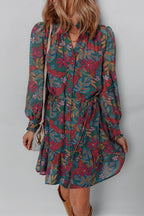Green Floral Friled V Neck Puff Sleeve Ruffled Shirt Dress