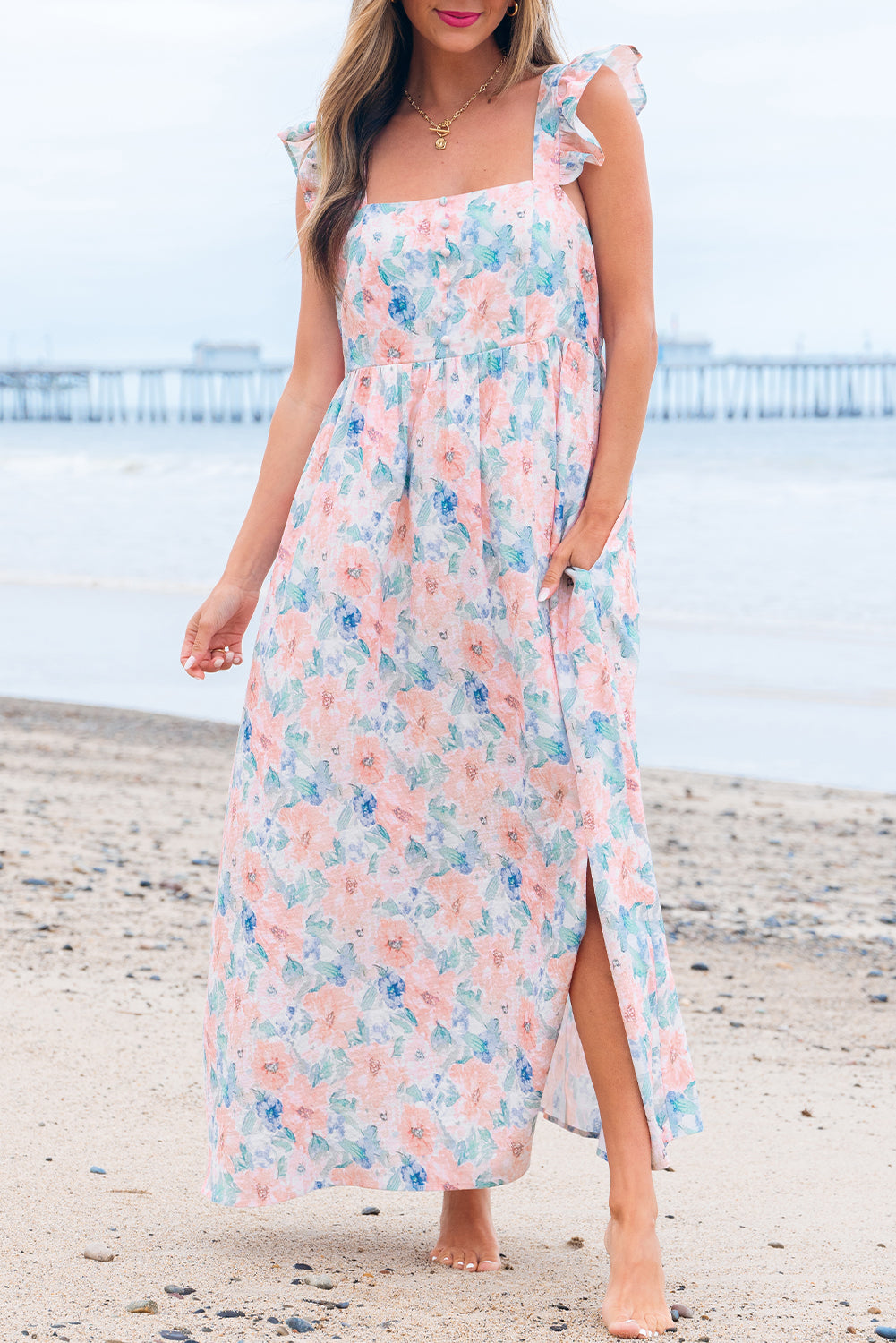 Pink Floral Print Square Neck Backless Long Dress with Slit