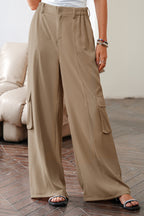 Camel Solid Color Elastic High Waist Loose Cargo Pants