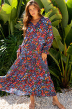 Blue Floral Print Tassel Tie V Neck Long Sleeve Flowy Long Dress
