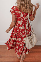 Red Floral Print Buttoned Front V Neck Tiered Short Sleeve Midi Dress