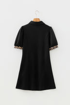 Black Leopard Patchwork Zip Collared Short Puff Sleeve Shift Mini Dress