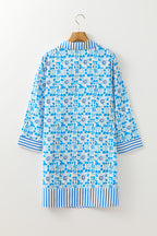 Sky Blue Contrast Striped Trim Floral Shift Fit Fall Dress