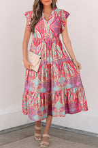 Rose Tribal Paisley Print Ruffled Sleeve Notch Neck Midi Dress