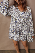 Multicolour Leopard Print V Neck Button Detail Long Sleeve Mini Dress