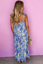 Sky Blue Floral Print Self-tie Straps Flowy Ruffle Long Dress