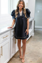 Black Leopard Trim Notched Neck Short Puff Sleeve Shift Mini Dress
